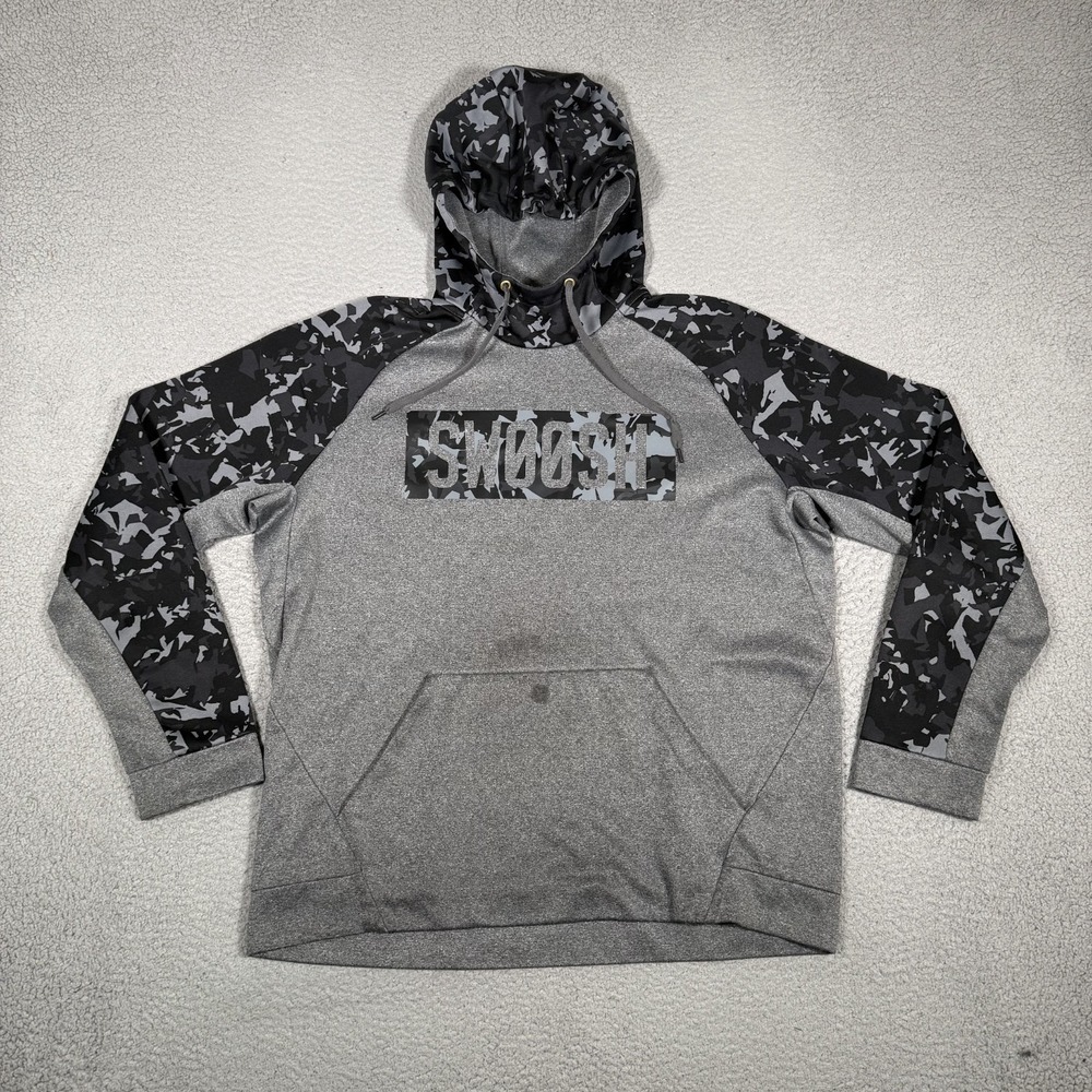 Nike Hoodie Mens XL Gray Abstract Camo Swoosh Spellout Pullover Tech Fleece Logo